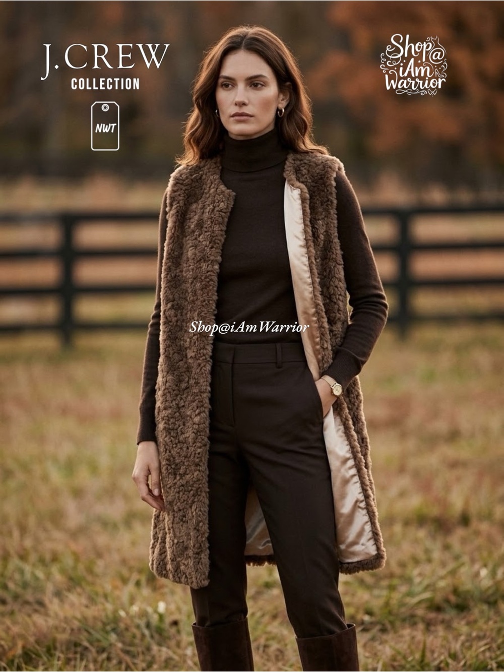 J.Crew Collection NWT Long Mocha Brown Sherpa Plush Faux Fur Vest